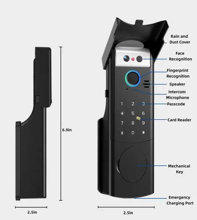 Alt view image 6 of 7 - Face Recognition Smart Door Locks Outdoor Fence Door Locks with Rain Cover 6 Unlocking Methods APP Remote Unlocking Fingerprint Passcode IC Card Key Unlocking Suitable for Outdoor & Home Use(Black)