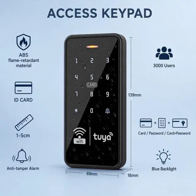 Alt view image 2 of 7 - Access Control System Kit, IP68 Waterproof Keypad with RFID & PIN Entry, Power Supply with RCD Protection (12V 3A), Complete Set for Home Office Security Door