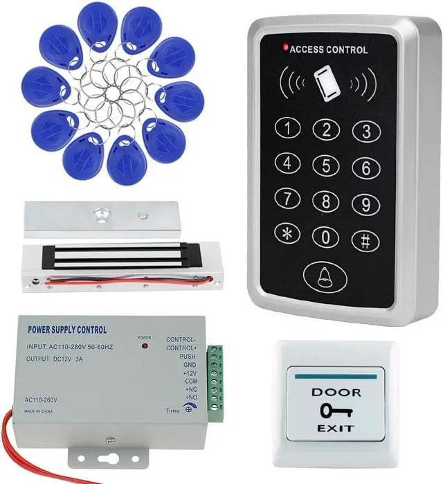 Main image of Complete Access Control System Kit RFID Keypad Reader (125KHz, 1000 Users), 180KG/350lb Magnetic Lock, 12V 3A Power Supply, Exit Button, 10 Key Key Fobs for Home Office Security