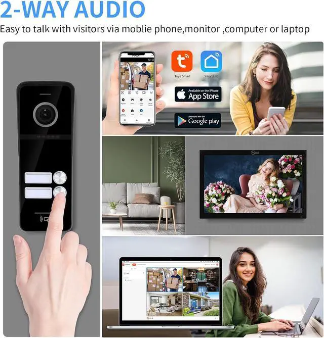 Alt view image 4 of 6 - Wired Video Doorbell Intercom System 2 Units 10 Inches Touch Monitor Video Door Phone Kit,Support Monitoring,3 in 1 Unlock,2-Way Intercom for Apartment Home,Tuya (1 doorbell(b) + 2 Monitor(b))
