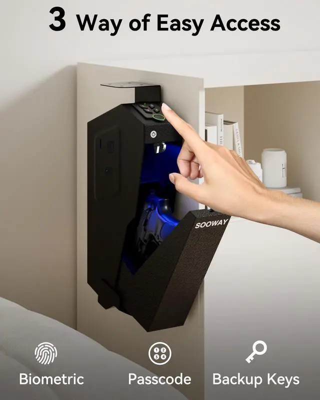 Alt view image 2 of 2 - Biometric Pistol Safe Fingerprint Quick Access Gun Safe for Handgun, 3 Ways Unlock Gun Lock Box for Car, Nightstand, Desk, Wall, Dresser