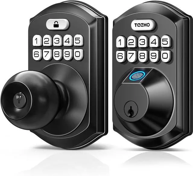 Main image of TEEHO Fingerprint Keyless Entry Keypad with Handle, Electronic Digital Smart Locks for Front Door, Easy to Install Deadbolt with Code for Bedroom, Anti-Peeping Password, Matte Black