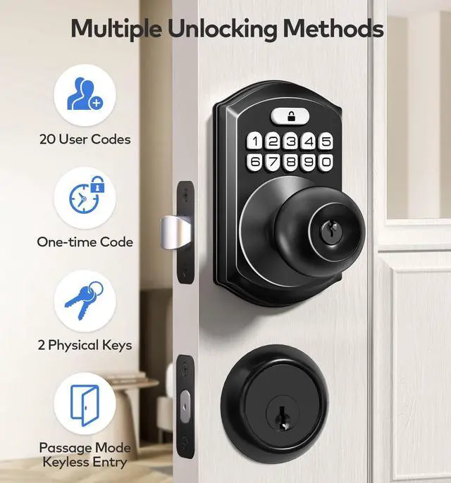 Alt view image 3 of 7 - TEEHO Fingerprint Keyless Entry Keypad with Handle, Electronic Digital Smart Locks for Front Door, Easy to Install Deadbolt with Code for Bedroom, Anti-Peeping Password, Matte Black