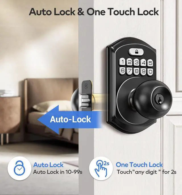 Alt view image 4 of 7 - TEEHO Fingerprint Keyless Entry Keypad with Handle, Electronic Digital Smart Locks for Front Door, Easy to Install Deadbolt with Code for Bedroom, Anti-Peeping Password, Matte Black