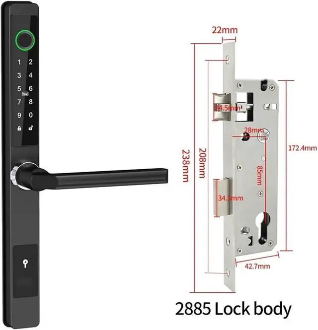 Alt view image 2 of 7 - TTlock App Fingerprint Electronic Digital Smart Narrow Door Lock for Sliding Metal Framed Glass Door(Black Long)