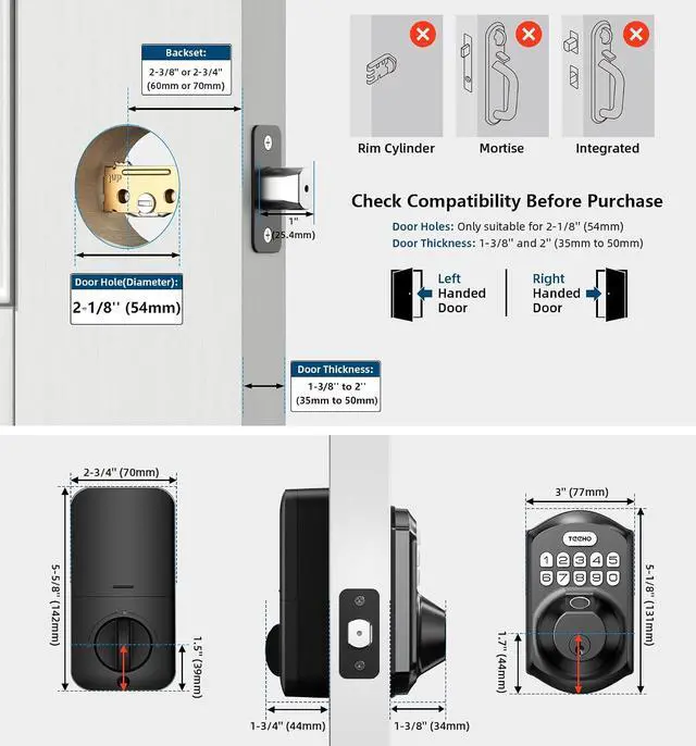 Alt view image 6 of 7 - TEEHO Fingerprint Keyless Entry Keypad with Handle, Electronic Digital Smart Locks for Front Door, Easy to Install Deadbolt with Code for Bedroom, Anti-Peeping Password, Matte Black