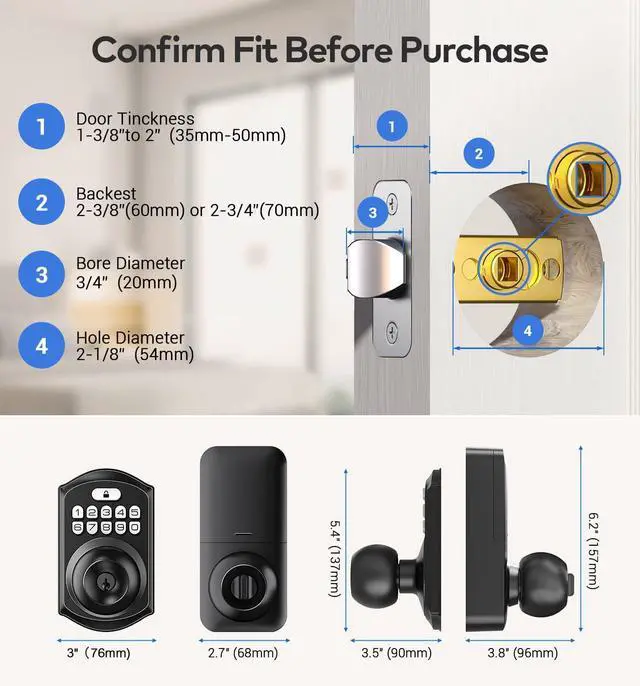 Alt view image 7 of 7 - TEEHO Fingerprint Keyless Entry Keypad with Handle, Electronic Digital Smart Locks for Front Door, Easy to Install Deadbolt with Code for Bedroom, Anti-Peeping Password, Matte Black