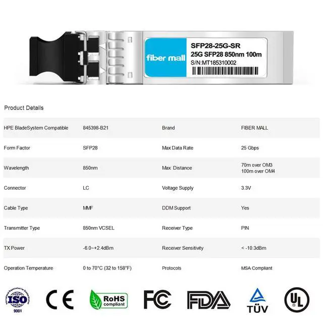 Alt view image 2 of 6 - 25G SFP28 SR for HPE BladeSystem 845398-B21,25GBASE-SR SFP28 850nm 100m DOM LC MMF Optical Transceiver Module