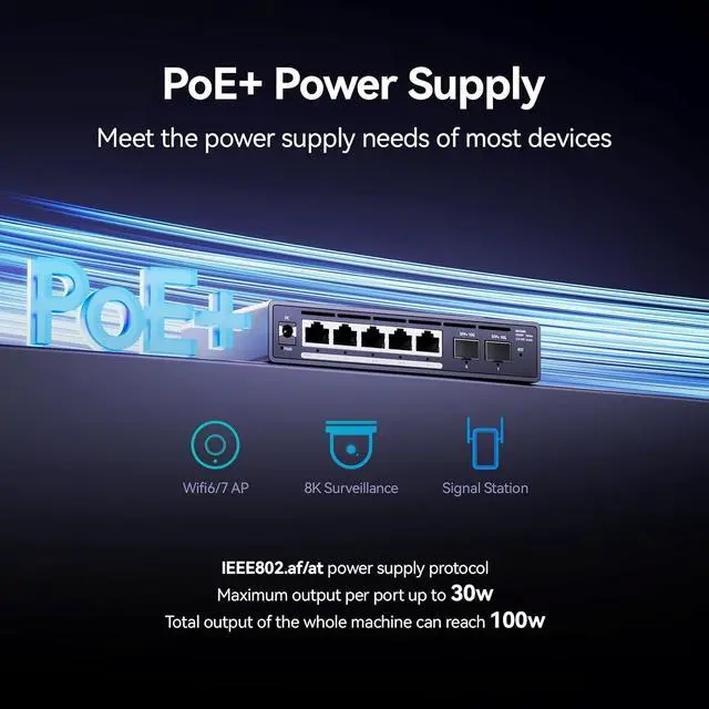 Alt view image 6 of 7 - 7 port 2.5Gb Managed POE Switch,5 x 2.5G Base-T POE Ports, 2 x 10G SFP,30W Per Port, 30W Per Port,100W Total, IEEE 802.3af/at Metal FanlessDesktop/Wall Mount,Plug & Play, for IP Cameras, NAS
