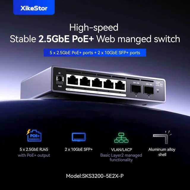 Alt view image 2 of 7 - 7 port 2.5Gb Managed POE Switch,5 x 2.5G Base-T POE Ports, 2 x 10G SFP,30W Per Port, 30W Per Port,100W Total, IEEE 802.3af/at Metal FanlessDesktop/Wall Mount,Plug & Play, for IP Cameras, NAS