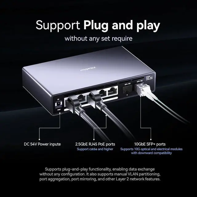 Alt view image 5 of 7 - 7 port 2.5Gb Managed POE Switch,5 x 2.5G Base-T POE Ports, 2 x 10G SFP,30W Per Port, 30W Per Port,100W Total, IEEE 802.3af/at Metal FanlessDesktop/Wall Mount,Plug & Play, for IP Cameras, NAS