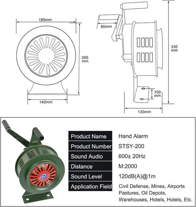 Alt view image 2 of 7 - 120dB Hand Crank Siren Horn Portable - Manual Operated Air Raid Siren for Factories, Airport - Aluminum Alloy Crank - Self Protection Emergency Alarm