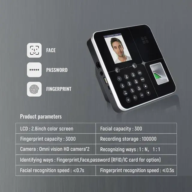 Alt view image 2 of 6 - Face Password Fingerprint Electronic Attendance Machine with 2.8" Screen Biometric Employee Checking-in Voice Broadcast