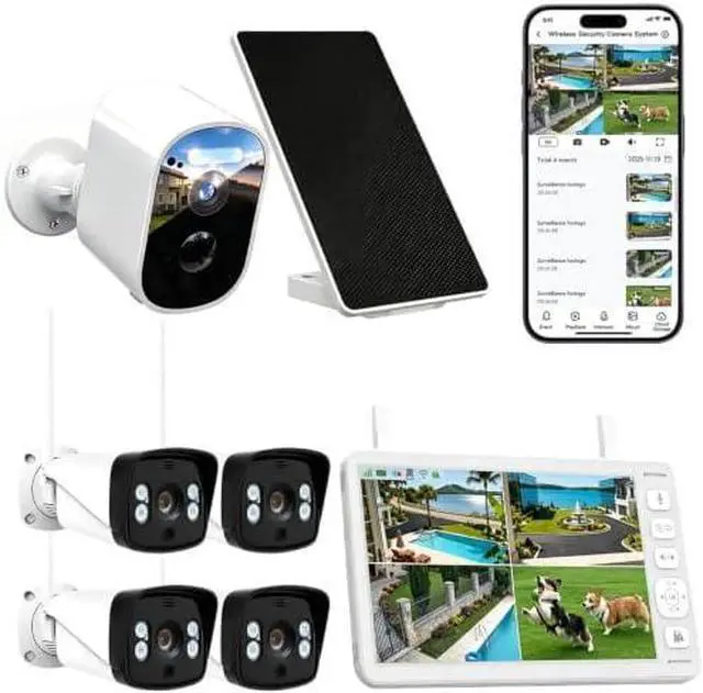 Main image of Security Camera Bundle: 2K Solar Outdoor Wireless Camera + 4Pcs Home Security Camera System with Monitor, AI Motion Detection, Night Vision, 2-Way Audio, Full House Coverage for Indoor Outdoor Use