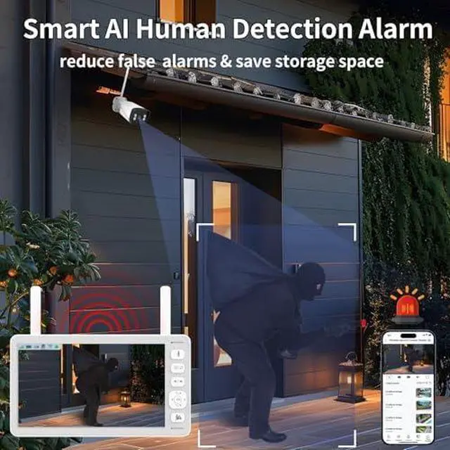 Alt view image 6 of 7 - Security Camera Bundle: 2K Solar Outdoor Wireless Camera + 4Pcs Home Security Camera System with Monitor, AI Motion Detection, Night Vision, 2-Way Audio, Full House Coverage for Indoor Outdoor Use