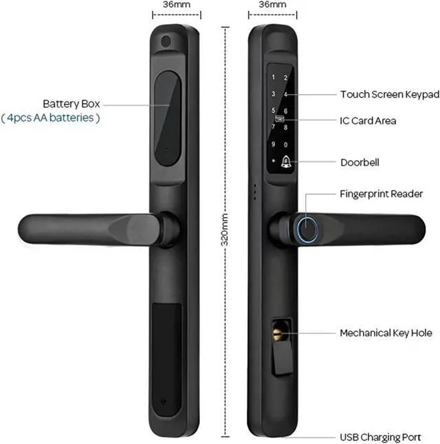 Alt view image 5 of 7 - Tuya WiFi App Waterproof Smart Door Lock Aluminum Biometric Lock Fingerprint Door Handle Digital Keyless Lock for Glass Sliding(A6 TYS6085)