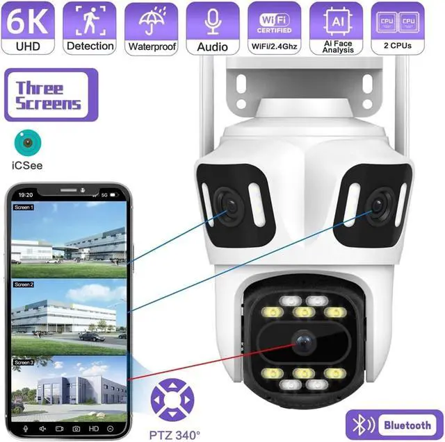 Alt view image 2 of 6 - Icsee Outdoor PTZ 6K WiFi IP Camera Home Security Triple Lens Camera CCTV Video Surveillance with Triple Screens(EU Plug,Camera and 256GB)
