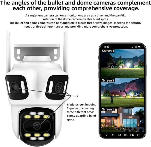Alt view image 4 of 6 - Icsee Outdoor PTZ 6K WiFi IP Camera Home Security Triple Lens Camera CCTV Video Surveillance with Triple Screens(EU Plug,Camera and 256GB)
