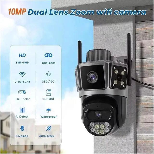 Alt view image 2 of 6 - 10MP 5G Hz House Camera Security Motion Detection AI Custom Alarm Sound Dual Lens PTZ Camera(EU Plug,WiFi 5G Add128G)