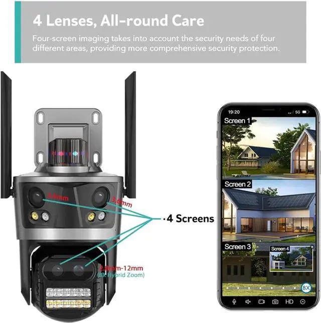 Alt view image 2 of 6 - 4K 8MP 4-Lens PTZ Camera - Outdoor WiFi Security
