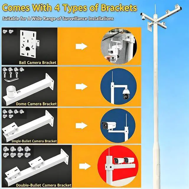 Alt view image 4 of 7 - Outdoor Security Camera Pole, Universal Surveillance Post Stand with 4 Brackets, Adjustable Height for Home, Backyard, Industrial Use - 11.4ft/3.5m