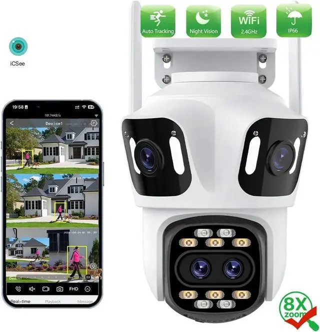Alt view image 3 of 7 - Four Lens Four Screen PTZ Camera WiFi Human Detecton Three Lens Outdoor Camera Security Surveillance Dual Camera ICSee APP(UK Plug,Option B NO Card)