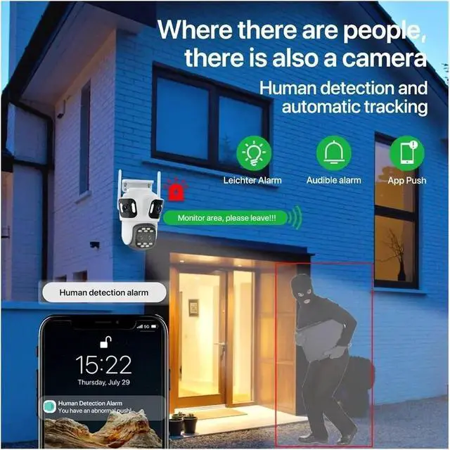 Alt view image 4 of 7 - Four Lens Four Screen PTZ Camera WiFi Human Detecton Three Lens Outdoor Camera Security Surveillance Dual Camera ICSee APP(UK Plug,Option B NO Card)