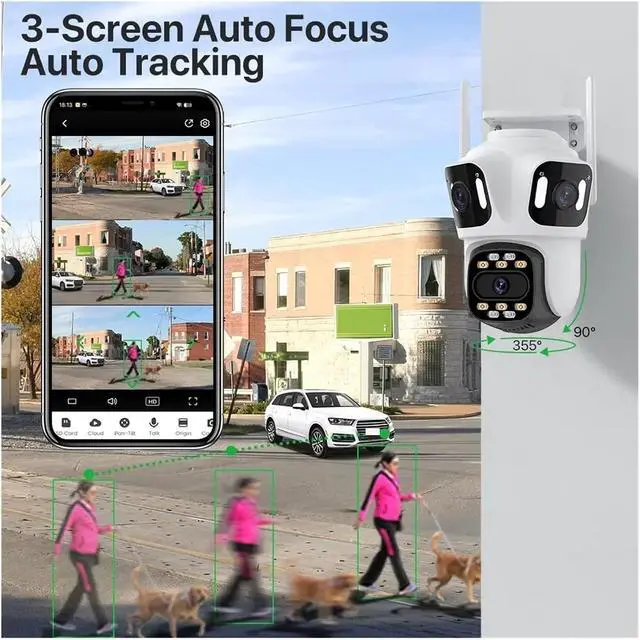 Alt view image 7 of 7 - Four Lens Four Screen PTZ Camera WiFi Human Detecton Three Lens Outdoor Camera Security Surveillance Dual Camera ICSee APP(UK Plug,Option B NO Card)
