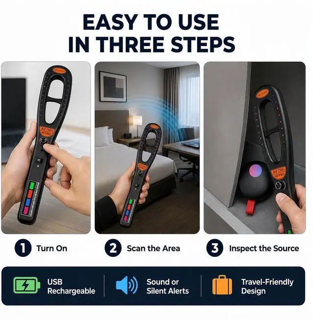 Alt view image 6 of 7 - Hidden Camera Detector Bug Detector, RF Signal Detector and Magnetic Field Detector with Camera Lens Finder, Portable Privacy Protection Device for Hotel Room, Vehicle, Office, Travel, Home