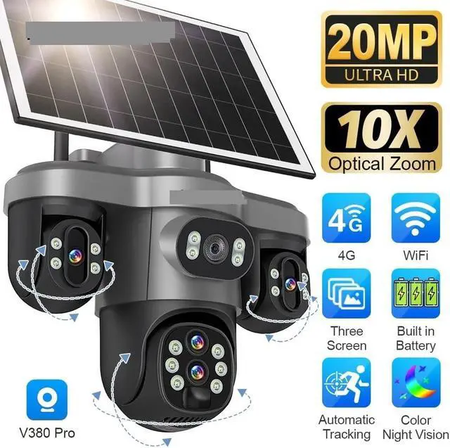 Alt view image 2 of 3 - 20MP 10X Optical Zoom Three PTZ Lens Solar Camera Outdoor WiFi/4G Three Screen Auto Tracking Security Cameras V380 Pro(WiFi No Zoom 64G)