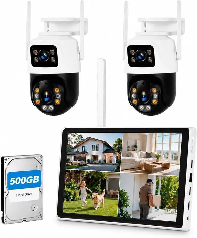 Main image of 5MP Wireless Security Camera System with 10" LCD Monitor Built-in NVR 2 Pcs 6MP Dual Lens WiFi Cameras (2.4G & 5G),Color Night Vision, 24/7 Recording, 500GB HDD Pre-Installed