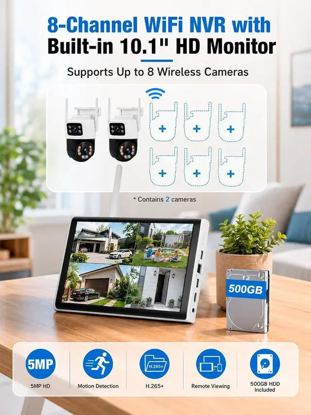 Alt view image 3 of 7 - 5MP Wireless Security Camera System with 10" LCD Monitor Built-in NVR 2 Pcs 6MP Dual Lens WiFi Cameras (2.4G & 5G),Color Night Vision, 24/7 Recording, 500GB HDD Pre-Installed