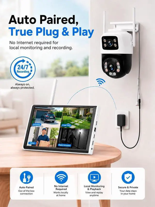Alt view image 5 of 7 - 5MP Wireless Security Camera System with 10" LCD Monitor Built-in NVR 2 Pcs 6MP Dual Lens WiFi Cameras (2.4G & 5G),Color Night Vision, 24/7 Recording, 500GB HDD Pre-Installed