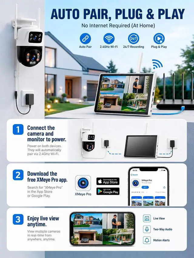 Alt view image 6 of 7 - 5MP Wireless Security Camera System with 10" LCD Monitor Built-in NVR 2 Pcs 6MP Dual Lens WiFi Cameras (2.4G & 5G),Color Night Vision, 24/7 Recording, 500GB HDD Pre-Installed
