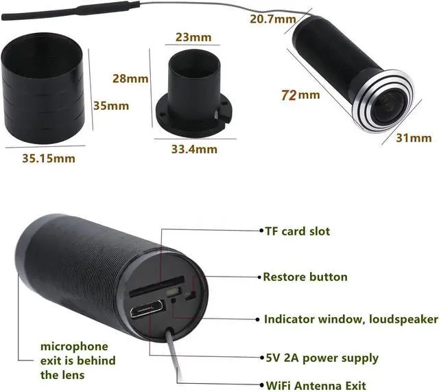 Alt view image 5 of 5 - 1080P Mini WiFi Door Eye Camera Hole Wide Angle FishEye Lens 1.66mm Peephole CCTV Network Audio Horn P2P
