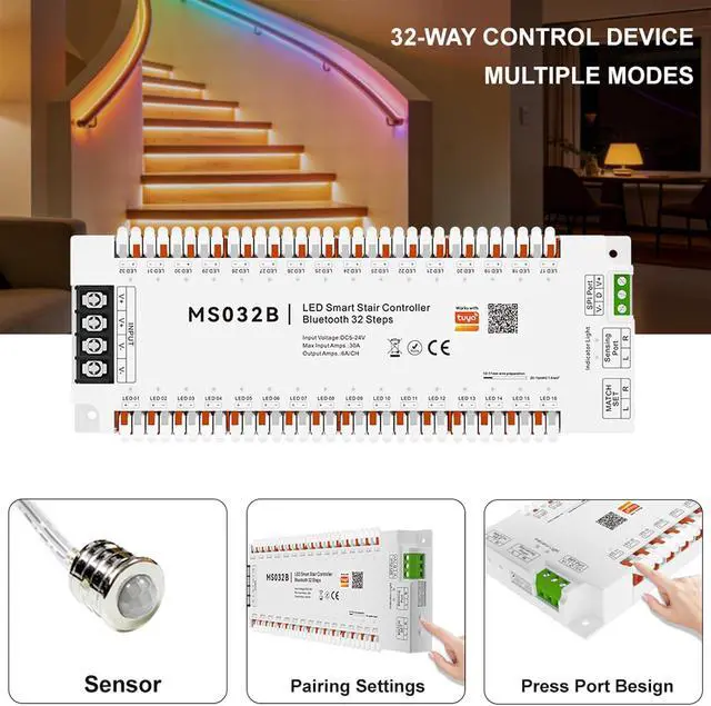 Alt view image 4 of 7 - Tuya Smart APP WiFi Home Stairway Lighting Strip LED Motion Sensor Automatic Controller Kit 12V 24V 32 Channels (Wi-Fi)