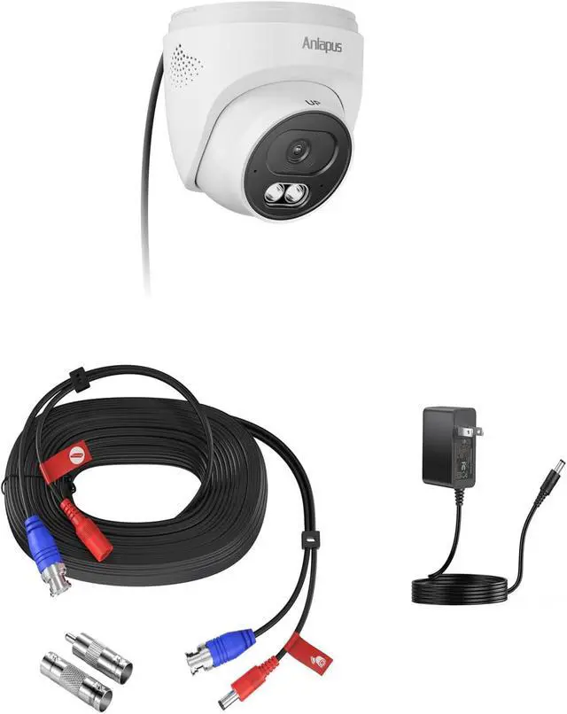 Main image of Anlapus 4K Security Camera Add-On Kit, Includes 8MP Wired Analog Dome Camera with Audio, Night Vision & IP66 Weatherproof + 60ft 4K Ultra HD BNC Video Power Cable + DC 12V 2A Adapter.