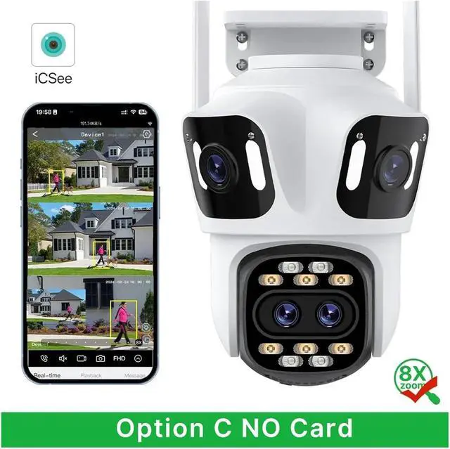Alt view image 2 of 7 - Four Lens Four Screen PTZ Camera WiFi Human Detecton Three Lens Outdoor Camera Security Surveillance Dual Camera ICSee APP(UK Plug,Option B NO Card)