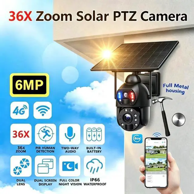 Alt view image 2 of 7 - 6MP Dual Lens Solar Security Camera Outdoor, 36X Optical Zoom WiFi & 4G LTE PTZ Camera with Full Color Night Vision, 2-Way Audio, IP66 Waterproof Metal Home Surveillance Camera