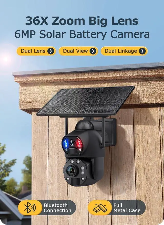 Alt view image 5 of 7 - 6MP Dual Lens Solar Security Camera Outdoor, 36X Optical Zoom WiFi & 4G LTE PTZ Camera with Full Color Night Vision, 2-Way Audio, IP66 Waterproof Metal Home Surveillance Camera