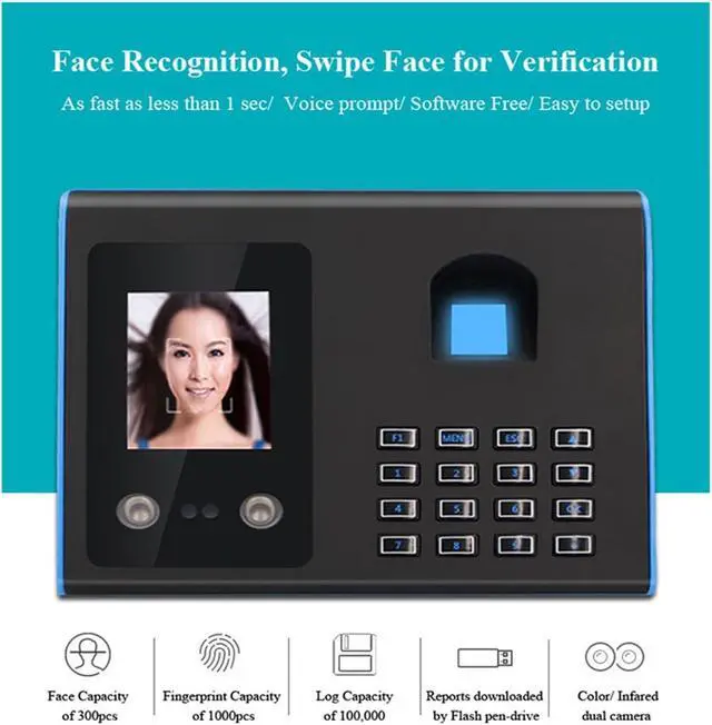 Alt view image 2 of 4 - Clocking in Machine Biometric Fingerprint Time Clock Attendance System Face Recognition Employee Checking-in Attendance Machine Tft LCD Display USB,
