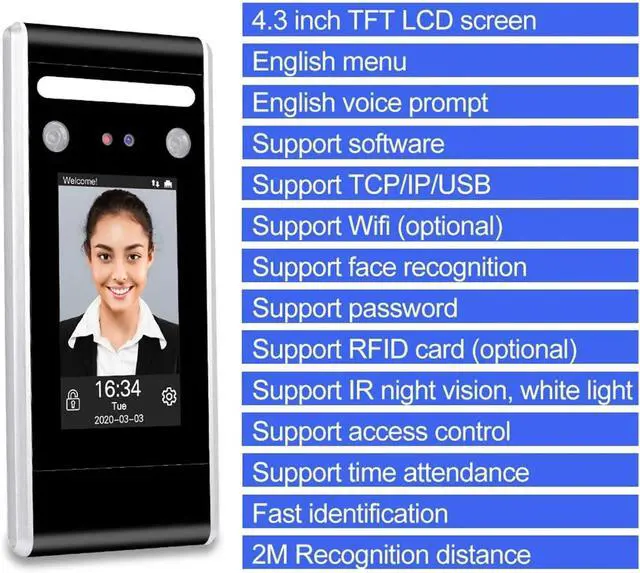 Alt view image 2 of 6 - Clocking in Machine WiFi Dynamic Face Access Control Time Attendance Machine Biometric IR Recognition Keypad TCP/IP/USB(DT60-TOP)