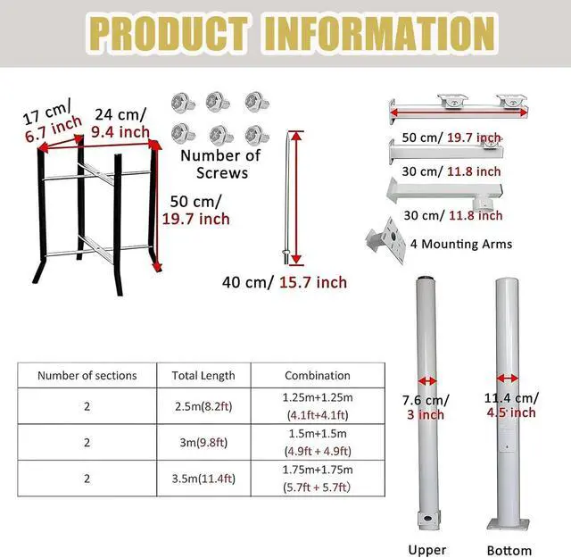 Alt view image 5 of 7 - Tall Security Camera Pole Outdoor, Universal Surveillance Camera Post Stand with 4 Brackets, Surveillance Pole Assembly,Backyard Walkway Industrial Commercial Home Use High2.5m/8.2ft