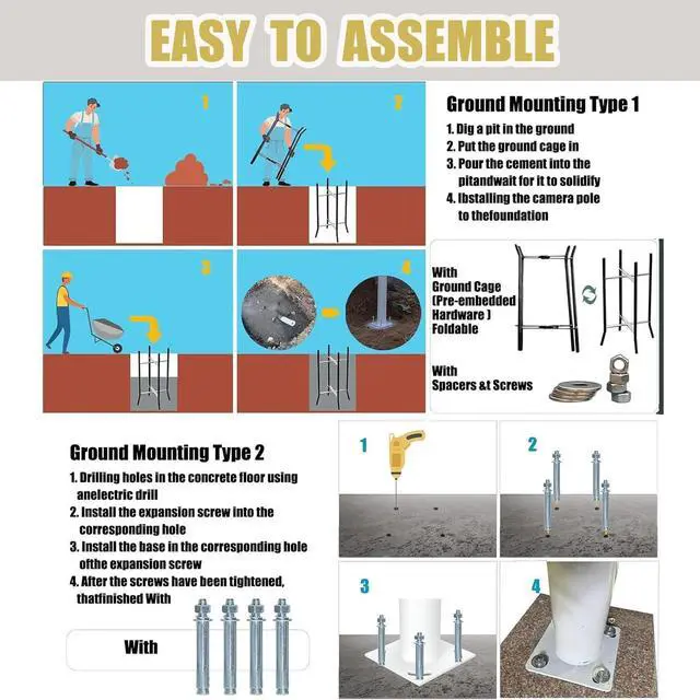 Alt view image 3 of 7 - Tall Security Camera Pole Outdoor, Universal Surveillance Camera Post Stand with 4 Brackets, Surveillance Pole Assembly,Backyard Walkway Industrial Commercial Home Use High2.5m/8.2ft