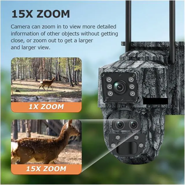 Alt view image 3 of 7 - Solar Camera Outdoor 12MP 6K Dual Screen WIFI / 4G SIM Monitor IP66 PIR Human Detection Security Camera Camouflage Forest(12MP WIFI)