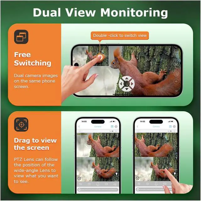 Alt view image 4 of 7 - Solar Camera Outdoor 12MP 6K Dual Screen WIFI / 4G SIM Monitor IP66 PIR Human Detection Security Camera Camouflage Forest(12MP WIFI)