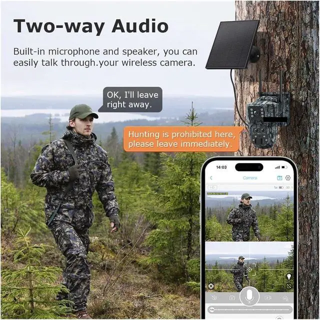 Alt view image 6 of 7 - Solar Camera Outdoor 12MP 6K Dual Screen WIFI / 4G SIM Monitor IP66 PIR Human Detection Security Camera Camouflage Forest(12MP WIFI)