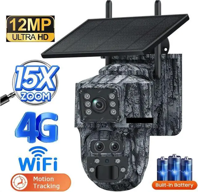 Alt view image 2 of 7 - Solar Camera Outdoor 12MP 6K Dual Screen WIFI / 4G SIM Monitor IP66 PIR Human Detection Security Camera Camouflage Forest(12MP WIFI)