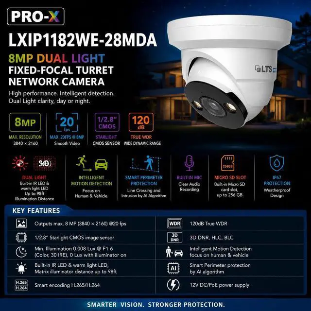 Alt view image 2 of 7 - LTS Pro-X LXIP1182WE-28MDA IP 8MP 2.8mm Starlight 98ft Dual LED NDAA Ai Mic Dome Camera Replacement for LXIP1182W-28MA