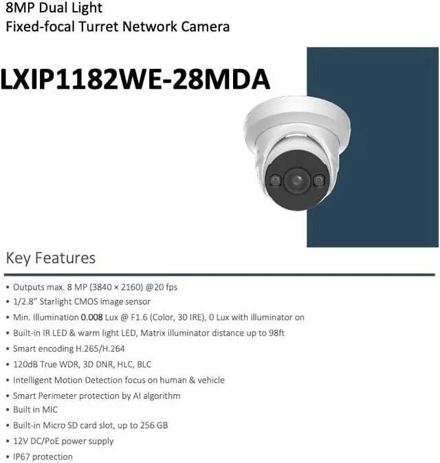 Alt view image 3 of 7 - LTS Pro-X LXIP1182WE-28MDA IP 8MP 2.8mm Starlight 98ft Dual LED NDAA Ai Mic Dome Camera Replacement for LXIP1182W-28MA